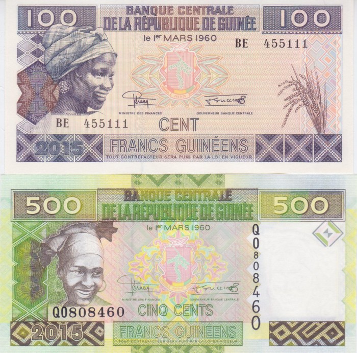 Bancnota Guineea 100 si 500 2015 - PA47/47 UNC ( set x2 - vezi descriere )