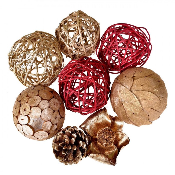 Set Potpourri Decorativ Crăciun, Model Sfere, Culoare Roșu și Auriu, Material Lemn, 8 Bucăți