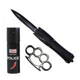 Set briceag automat de vanatoare, spray paralizant chili si rozeta autoaparare DEPOX&reg;, 23 cm/60 ml/12 cm, negru