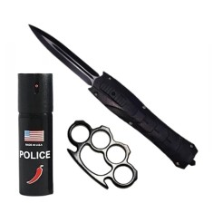 Set briceag automat de vanatoare, spray paralizant chili si rozeta autoaparare DEPOX&reg;, 23 cm/60 ml/12 cm, negru