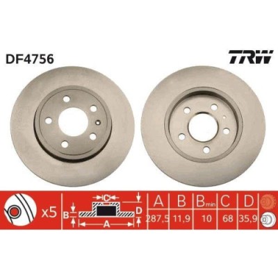 Set discuri frana Audi A4 B7 (8ec), A4 B7 Avant (8ed), A4 B7 Convertible (8he); Seat Exeo (3r2), Exeo St (3r5), punte spate, 288x12, plin, TRW foto