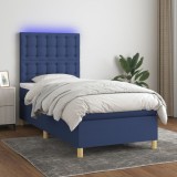 VidaXL Pat cu arcuri, saltea și LED, albastru, 90x190 cm, textil