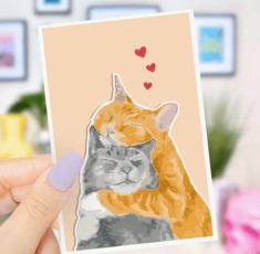 Felicitare de dragoste cu 2 pisici imbratisate , Plic rosu, 12x5 cm foto
