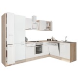 Mobilă de bucătărie de colț Yorki 310, corp din stejar sonoma, față alb satinat cu element inferior al cuptorului și dulap cu rafturi