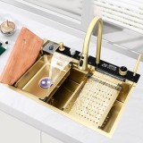 Chiuveta Bucatarie Multifunctionala Aurie 75x46 cm, Inox, cu Tocator, Dus Extractabil, LCD Temperatura, 2 Jeturi Apa