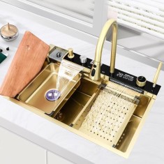 Chiuvetă bucătărie multifuncțională, Duș Extractabil, Tocător Lemn, LCD Temperatură, 2 Jeturi Apă, Auriu, 75x46 cm