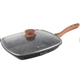 Cumpara ieftin Tigaie grill aluminiu turnat, 28x4.5 cm, capac termorezistent, acoperire ceramica, maner soft touch, inductie, Goldmann