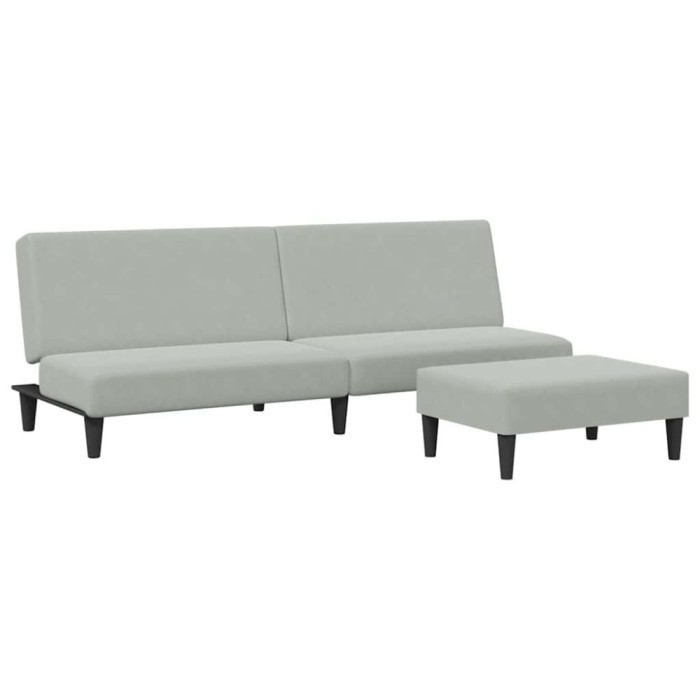 Canapea extensibila cu taburet, 2 locuri, gri deschis, catifea