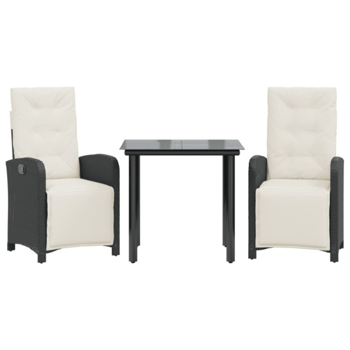 Set bistro cu perne, 3 piese, negru, poliratan