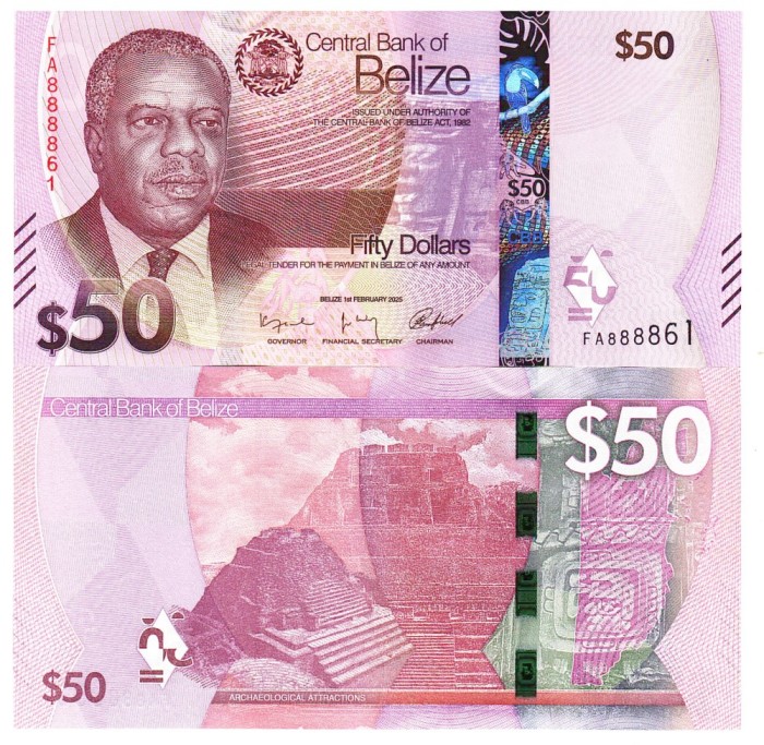Belize 50 Dollars 2025 P-77 UNC