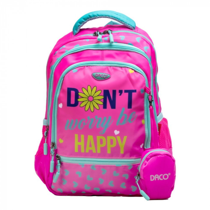 Ghiozdan Scolar Daco cu Borseta, Dimensiuni 38x30x17 cm, Model Don&#039;t Worry Be Happy, Bretele cu Burete Reglabile si Patru Fermoare, Material Poliester