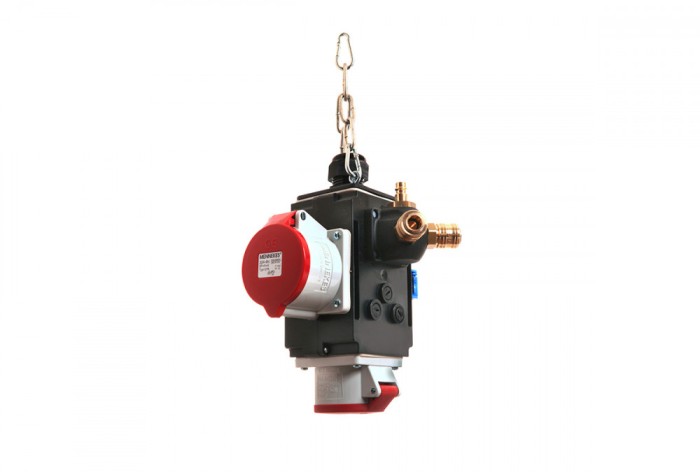 Distribuitor de energie suspendat cu 1 priza trifazica 400V 5 poli 16A 1 priza trifazica 400V 32A 5 poli si 1 prize monofazica schuko IP44 cu conexiun