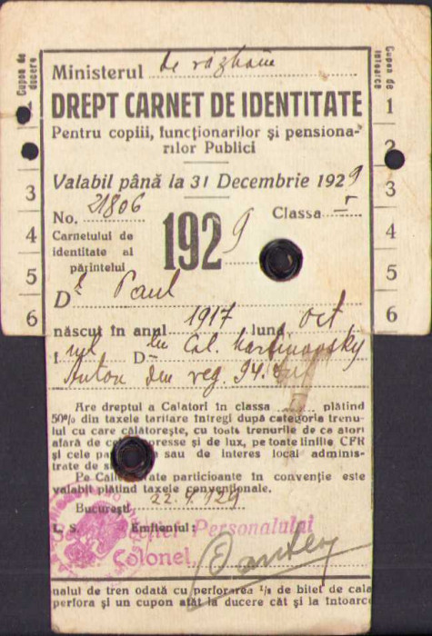 HST A65 Carnet de identitate CFR 1929 fiu colonel Martinovsky