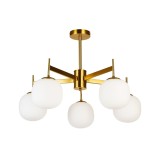 Lustra Modernă Impressive 5 Klausen cu Diametru 72cm și &Icirc;nălțime 50cm, Corp Metalic Alamă și Abajururi Sticlă Opal, 5xE27, Iluminat Ambient Lux