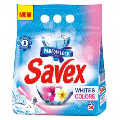 Detergent Pudra Automat de Rufe SAVEX 2 in 1 Whites and Colors, Cantitate 2 Kg, 20 Spalari, Parfum Floral, Detergent Automat pentru Haine Albe si Colo