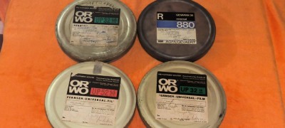 4 cutii goale pt. pelicula film bobina proiectie diametrul 18 cm orwo agfa foto