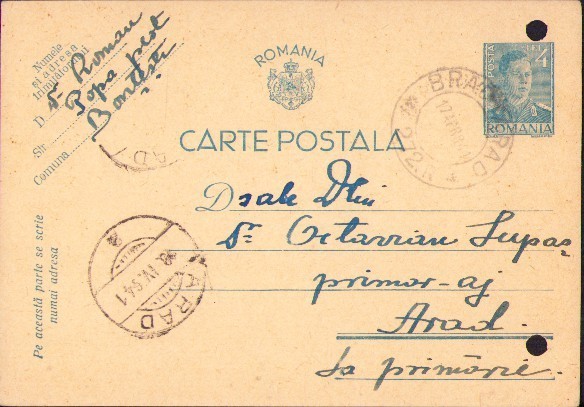 CP457 Carte poștală adresată ajutorului de primar al Aradului Octavian Lupaș, 1941, Bonțești