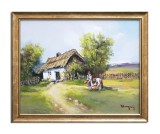 Cumpara ieftin Tablou peisaj cu tarancute pictat manual inramat, 55x45cm ulei pe panza, rama din lemn, Geo Ungureanu