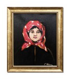 Cumpara ieftin Tablou celebu pictat manual inramat, Portret de tarancuta cu basma rosie, 35x30cm ulei pe panza rama din lemn, reproducere Nicolae Grigorescu