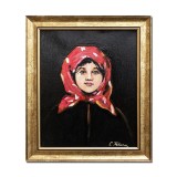 Tablou celebu pictat manual inramat, Portret de tarancuta cu basma rosie, 35x30cm ulei pe panza rama din lemn, reproducere Nicolae Grigorescu