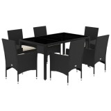 Cumpara ieftin Set mobilier de gradina cu perne 7 piese negru poliratan&amp;sticla