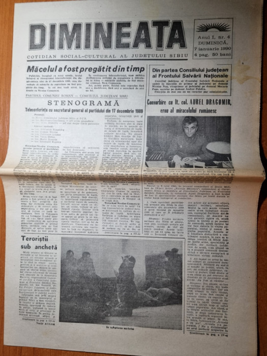ziarul dimineata 7 ianuarie 1990-ziar din jud. sibiu,art. revolutia romana