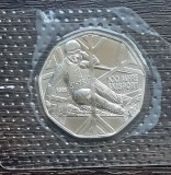 (S) MONEDA DIN ARGINT AUSTRIA - 5 EURO 2005, MONEDA UNC - 100 ANI SKI SPORT