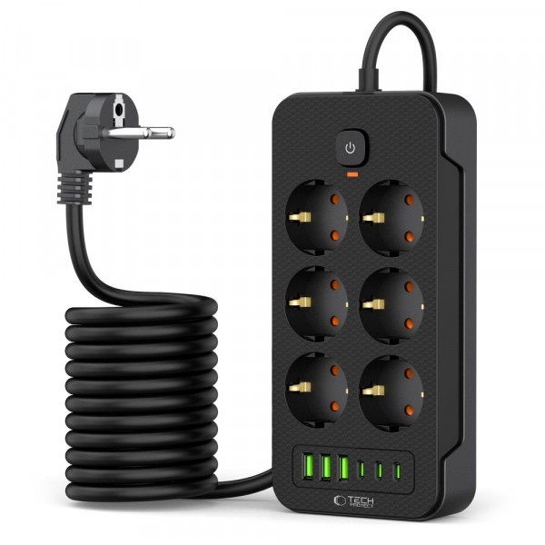 Prelungitor Tech-Protect PC6X6, 15.5W, 3.1A, 3 x USB-A - 3 x USB-C - 6 x Schuko, Negru