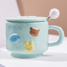 Cana ceramica, Cyrax, din Portelan, print Figurine Animalute, Cana penru Copii, Model CUTE, Cana cu Lingura si Capac, Ceasca pentru Cafea, Ceai, 400ml