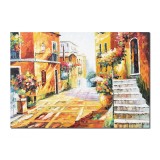 Tablou living pictat manual, Peisaj citadin, tihna, 100x70cm ulei pe panza in cutit efect 3D, gata de agatat pe perete