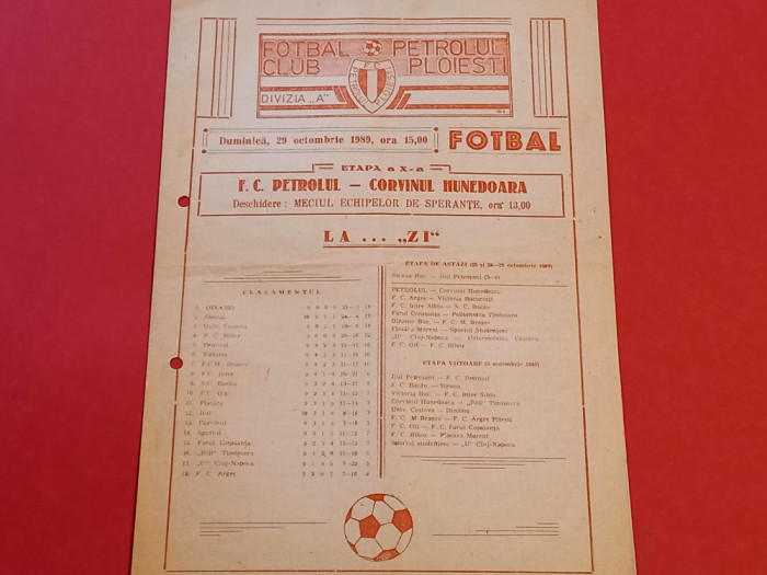 Program meci fotbal PETROLUL PLOIESTI-CORVINUL HUNEDOARA (29.10.1989)