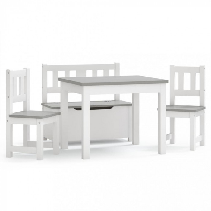 Set masă&amp;scaune pentru copii, 4 piese, alb și gri, MDF