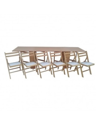 Set masa plianta 12 persoane, Pal Melaminat, insertii lemn masiv, 274x75x78 cm si 6 scaune pliante, tapiterie piele ecologica, fag foto