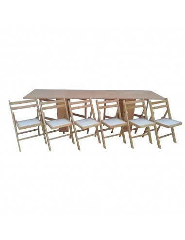 Set masa plianta 12 persoane, Pal Melaminat, insertii lemn masiv, 274x75x78 cm si 6 scaune pliante, tapiterie piele ecologica, fag