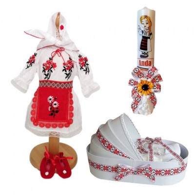 Set rochita botez traditional, trusou si lumanare personalizata, decor motive foto
