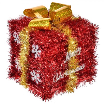 Decor Crăciun Tinsel, 12x12x12cm, Roșu, Panglică Aurie, Mesaj &amp;Ccedil;&amp;times;Merry Christmas&amp;Ccedil;Ł, Plastic foto