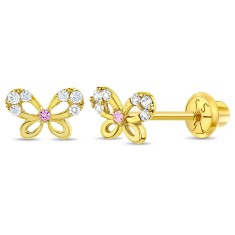 Cercei Copii din Aur 14K, in forma de Fluture cu pietre albe si roz CZ