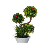 Ghiveci decorativ cu Bonsai artificial cu flori rosii, 25 cm, ATU-085465, Oem