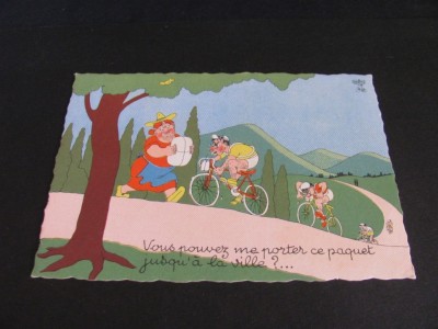 Carte Poștală Umoristică Vintage Franța 1958 &amp;ndash; &amp;quot;Cicliști &amp;icirc;n Peisaj Montan&amp;quot;, Ilustrație A. Dubout foto