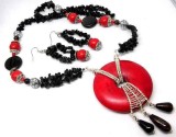 Set cercei, colier si pandantiv, onix negru si howlite rosu, set femei 33135