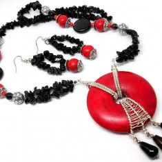 Set cercei, colier si pandantiv, onix negru si howlite rosu, set femei 33135