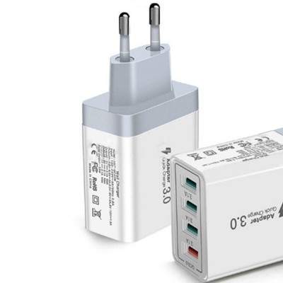 Incarcator Fast Charge pentru Telefon 33W, Flippy, Incarcator Quick Charge cu 4 Porturi USB-A, Power Delivery 33W, Cap Standard European, Alb foto