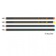 Set 72 Creioane Grafit DACO Floricele, Mina HB, Corp Triunghiular de Lemn cu Radiera, Creioane Desen HB, Creioane Grafit HB, Creion HB, Set Creioane G foto