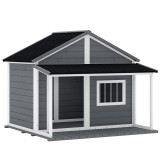 PawHut Casuță din Lemn de Exterior pentru C&acirc;ini, Cușcă pentru C&acirc;ini cu Terasă, Fereastră și Acoperiș Impermeabil, 124x112x105 cm, Gri | Aosom Romania