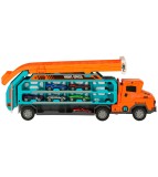 Set de joaca camion transportator cu pista de lansare si 6 masinute