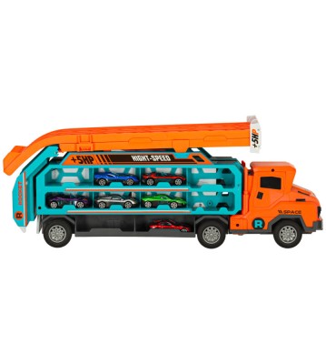 Set de joaca camion transportator cu pista de lansare si 6 masinute foto