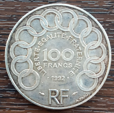 (A152) MONEDA DIN ARGINT FRANTA - 100 FRANCS 1992, JEAN MONNET foto