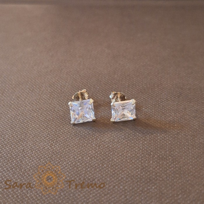 Cercei Unisex Argint 925 cu Cristal Zirconia Alb Patrat, 7 mm