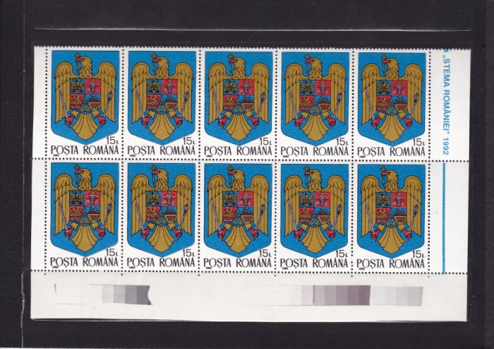 ROMANIA 1992 LP 1302 STEMA ROMANIEI BLOC DE 10 TIMBRE MNH