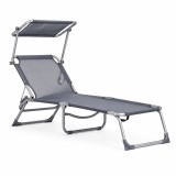 Sezlong pliabil cu parasolar si spatar reglabil, 178x57 cm, 150 kg, gri